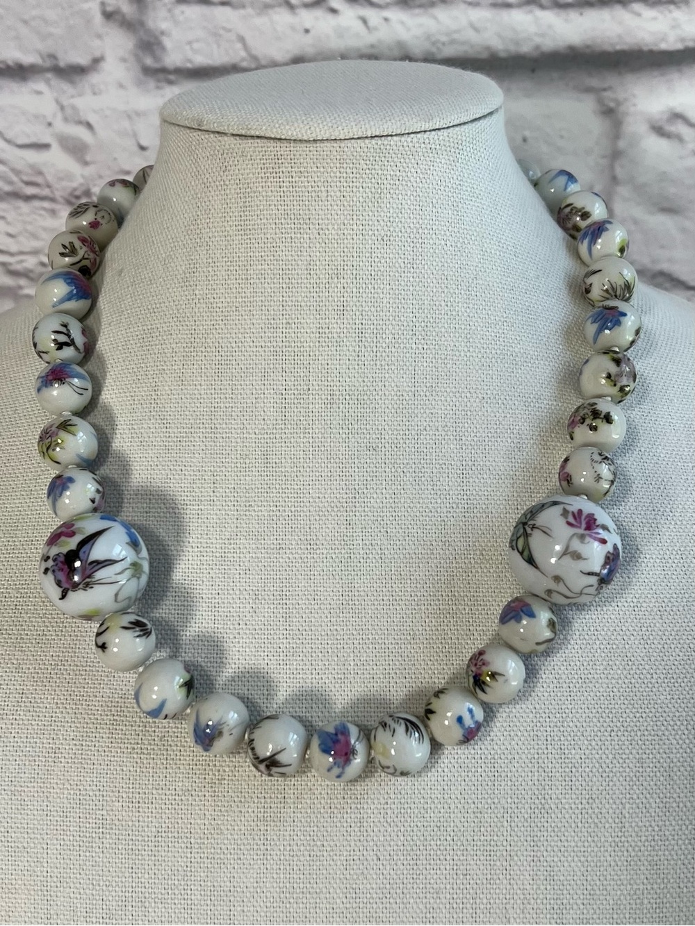 Vintage Chinese Hand Painted Porcelain Butterfly, Bird & Floral Bead Necklace